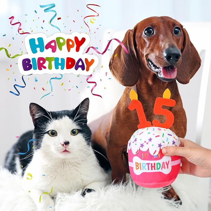 Dog Birthday Cake Toy Accessories for Girl Boy Gifts, Squeaky Plush Toy for Dog Birthday Party Decor Favor for Large, Medium and Small Dogs(15th,Pink)