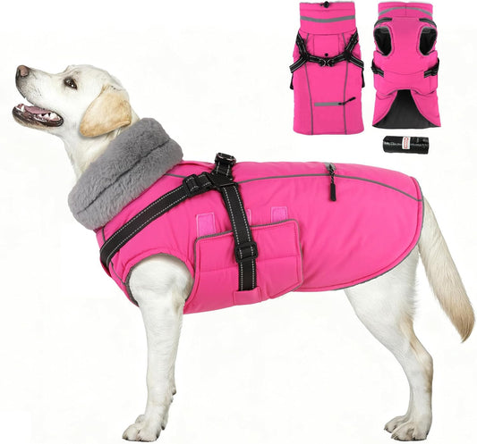 PETDSH Dog Coat Large, Built-in Harness Dog Jacket with Warm Fleece Lining, Waterproof Reflective Dogs Winter Coat, Pet Coats with Pocket and Trash Bags (Pink, XX-Large)