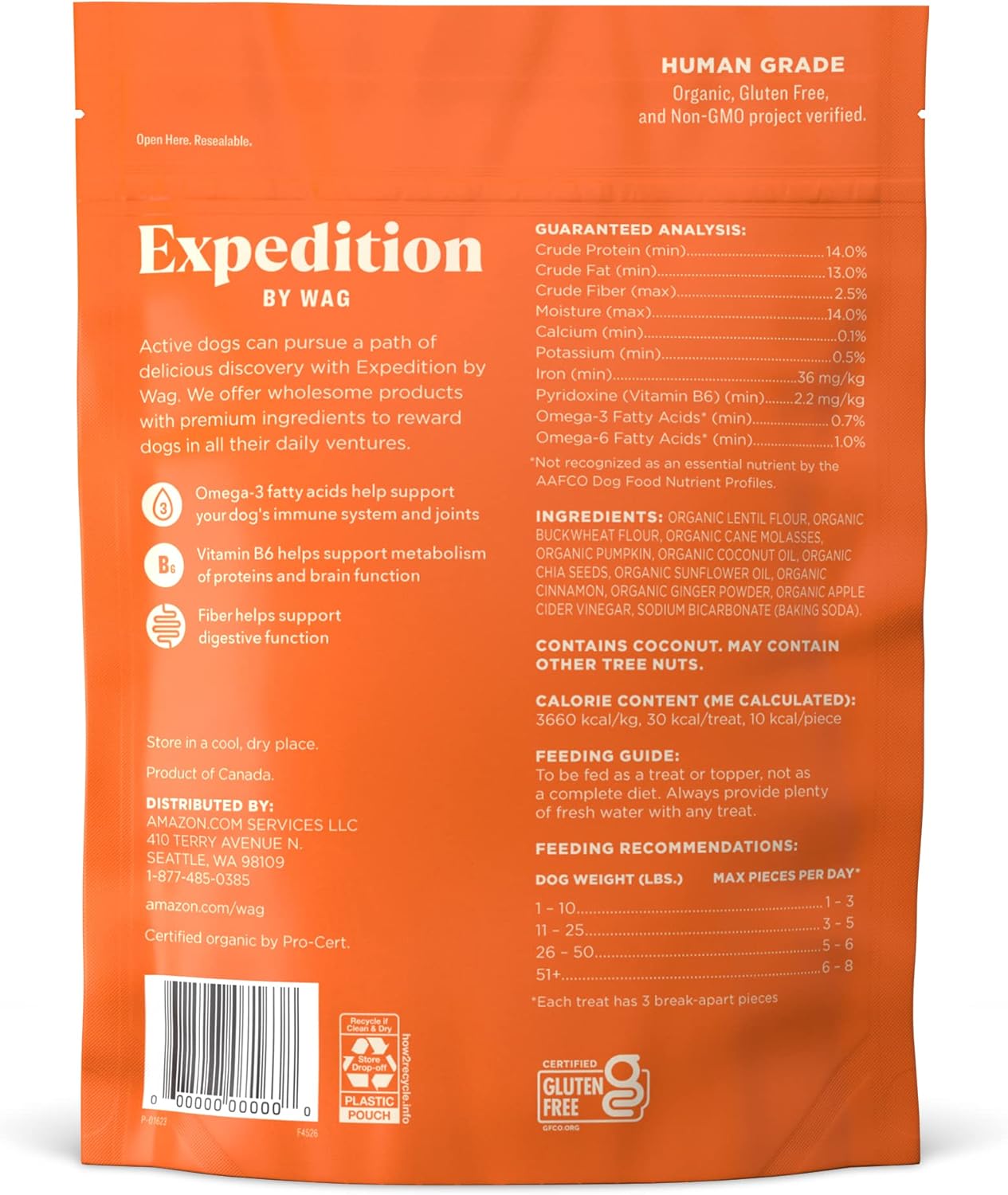 Amazon Brand - Wag Expedition Human Grade Organic Biscuits Dog Treats, Non-GMO, Gluten Free, Pumpkin & Chia Seed, 10oz (Pack of 2)