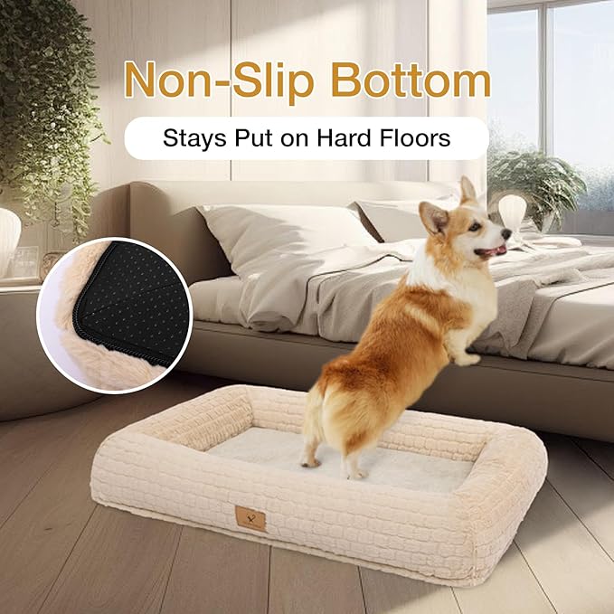 Plush Orthopedic Dog Bed for Medium Large Dogs, Memory Foam Bolster Sofa Bed with Removable Washable Cover, Waterproof Lining & Non-Slip Bottom (Tan-M)