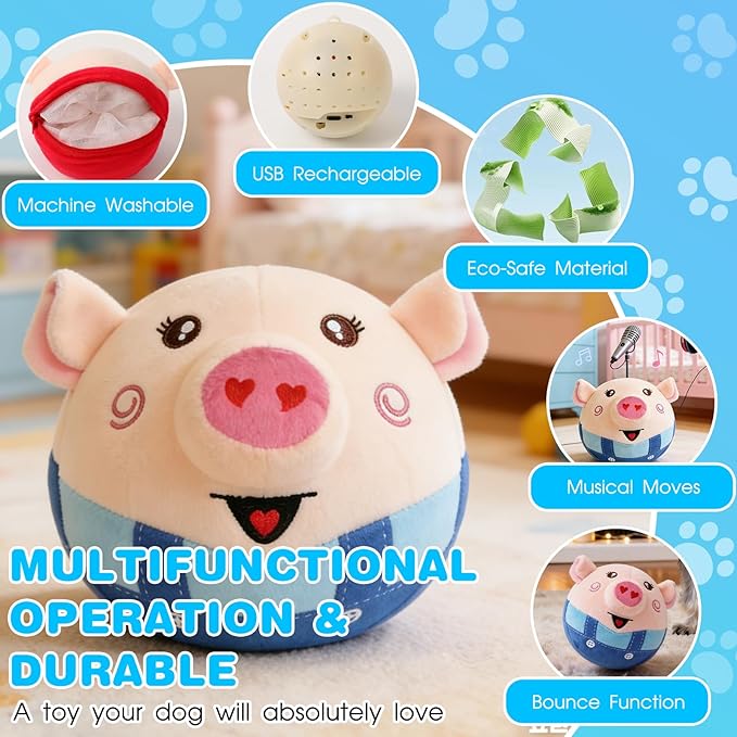 Interactive Dog Toys, 2026 New Active Moving Pet Plush Toy, Rechargeable Squeaky Dog Ball Toy with Talking Sound, Washable Bouncing Piggy Toy for Dogs Puppies (Blue)