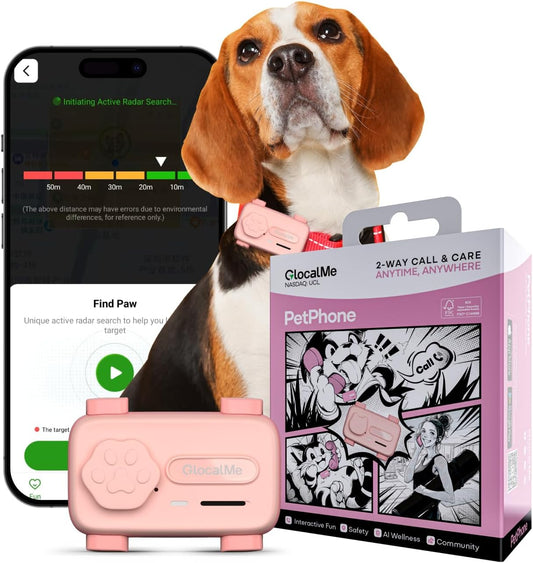 Pet Tracker Support Two-Way Call and AI Health Alerts, Play Music and Pet Community, Real Time Tracking and Virtual Fence, GlocalMe GPS Tracker for Dog and Cat, Global Unlimited Range