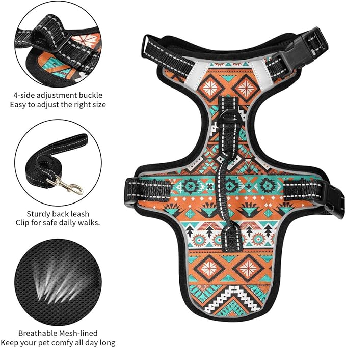xigua Aztec Geometric Dog Harness, No Pull Pet Vest Harness Reflective Breathable Small & Medium Dog Harness with Nylon Handle, Small