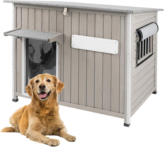 Large Outdoor Dog House Waterproof for Small to Large Dogs, Outdoor Indoor Doghouse Kennel Shelter Weatherproof with Anti-Chewing Iron Frame, Wndow, Open Roof, Removable Floors(43" L*29.5" W*33.5" H)