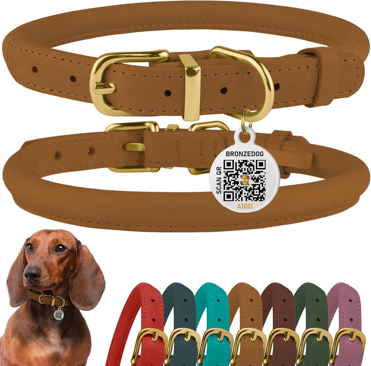 BronzeDog Rolled Leather Dog Collar with QR ID Tag, Adjustable Soft Round Collars for Small Medium Large Dogs Puppy (7" - 10" Neck Size, Light Brown)