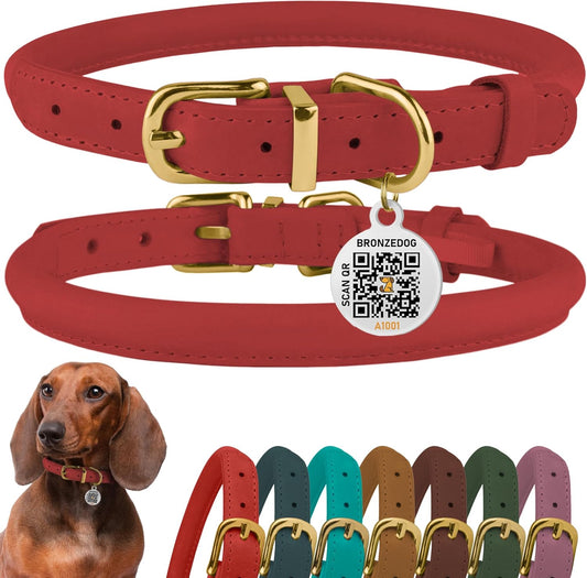 BronzeDog Rolled Leather Dog Collar with QR ID Tag, Adjustable Soft Round Collars for Small Medium Large Dogs Puppy (7" - 10" Neck Size, Coral Pink)