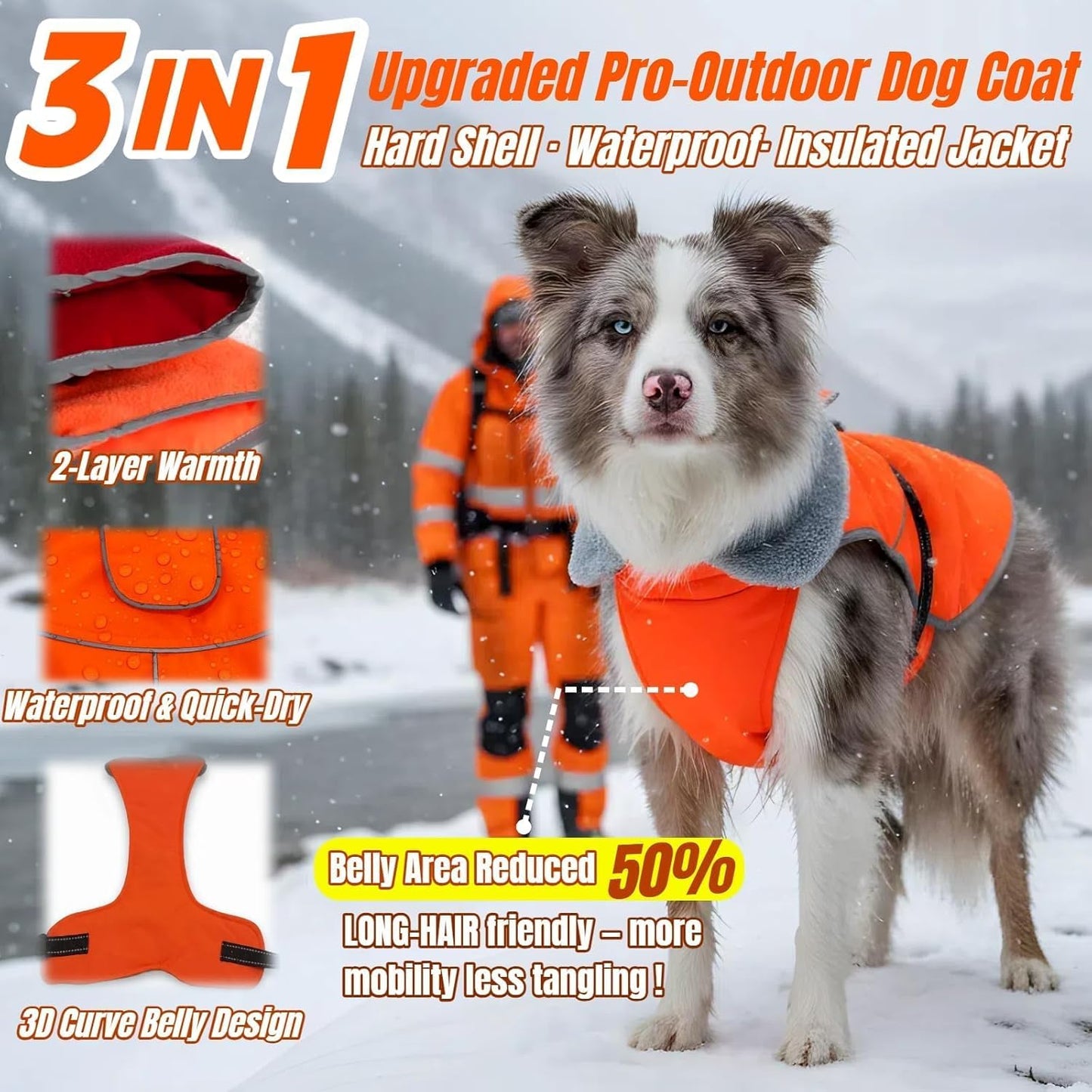 Insulated Relaxed Fit Dog Winter Coat with Full-Body Reflective Strip, Hard Shell Pet Jacket for Outdoor, Waterproof Coats for Large Dogs, Soft Fur Collar Jacket for Labrador Male Female(Orange, 2XL)