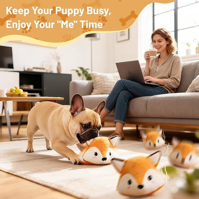 Interactive Fox Puppy Toy for Anxiety & Boredom Relief - Automatic Self-Moving, Bouncing & Vibrating with Sound for Mental Stimulation | Rechargeable & Chew-Resistant for All Breed Sizes
