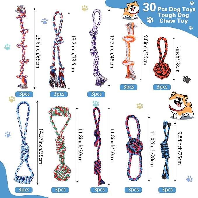 Hiboom 30 Pcs Rope Dog Toys for Aggressive Chewers Heavy Duty Dog Chew Toys for Medium Large Dog Cotton Dog Toys War Dog Toy for Teeth Cleaning