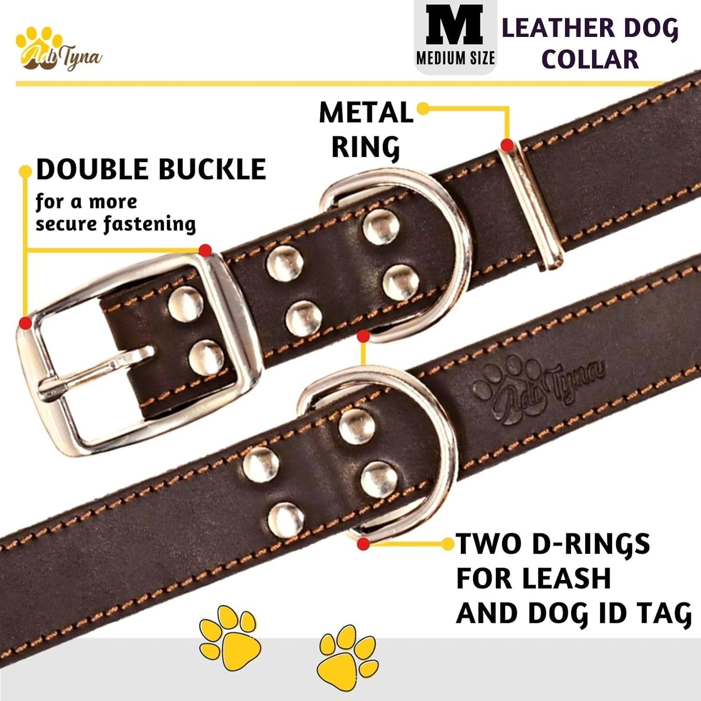 ADITYNA Heavy Duty Black Leather Dog Collar - Soft and Strong Medium Dog Collar for Walking, Training, Hiking, and Running (Medium: Fit 13" - 20" Neck, Black)