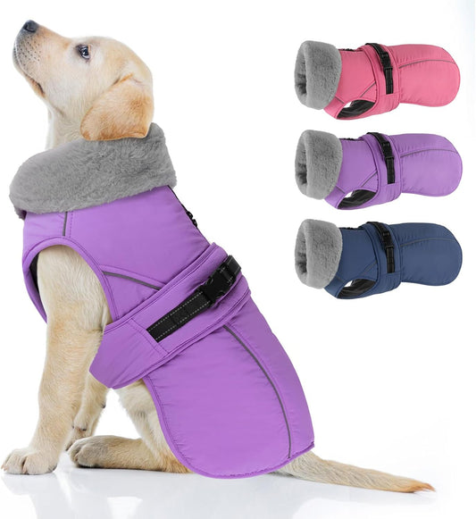 PETDSH Dog Coat Small, Windproof Dog Jacket with Warm Fleece Lining, Thickened Collar Dogs Winter Coat, Adjustable Reflective Pet Coats for Cold Weather (Purple, Small)