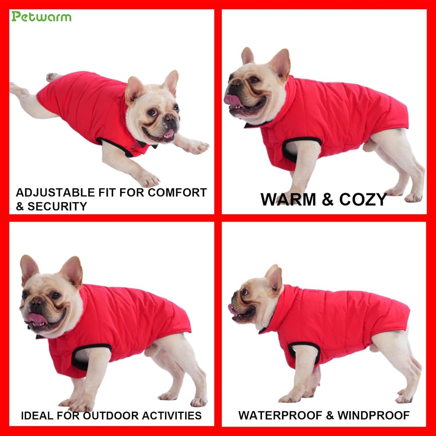 PetWarm Reversible Dog Winter Coat, Windproof Dog Puffer Vest, Soft Vest for Dogs with Hook-and-Loop Strap for Easy Dressing, Waterproof Coat for Dogs with Adjustable Fit, Red, XS