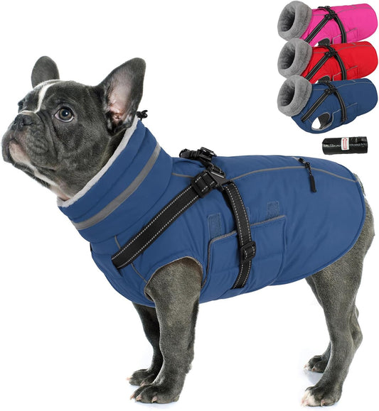 PETDSH Dog Coat Medium, Built-in Harness Dog Jacket with Warm Fleece Lining, Waterproof Reflective Dogs Winter Coat, Pet Coats with Pocket and Trash Bags (Navy Blue, Medium)