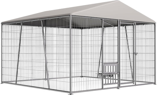 10 x 10 x 7FT Large Outdoor Dog Kennel with Large Feeding Bowls, Dog Kennel Outside with Roof, Galvanized Heavy Duty Chain Link Outdoor Dog Run Cage with Cover and Secure Lock
