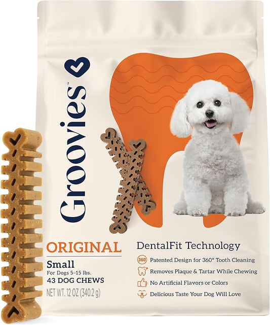 Groovies Flexible, Yet Moderately Tough Daily Dog Dental Chews. Powered by USA-Patented DentalFit Technology. No Added Gluten, No Artificial Flavors or Colors. Original 12oz Small (43Chews)