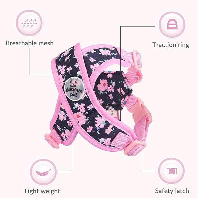 Patas Lague Dog Harness with Leash Set Adjustable Soft Padded Step-in Dog Vest No Choke No Pull Reflective for Medium Pets with Poop Bags and Dispenser, Solid and No-chew, Floral Pink L