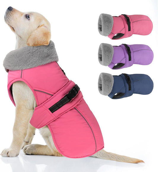 PETDSH Dog Coat Medium, Windproof Dog Jacket with Warm Fleece Lining, Thickened Collar Dogs Winter Coat, Adjustable Reflective Pet Coats for Cold Weather (Pink, Medium)