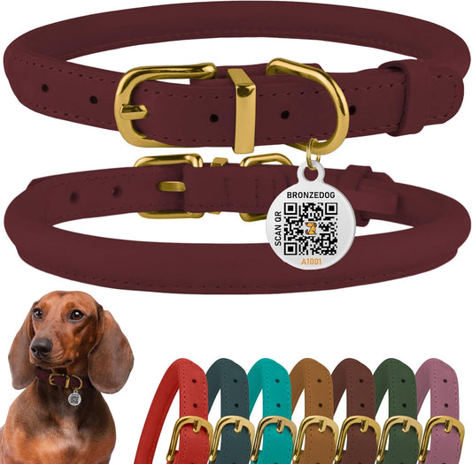 BronzeDog Rolled Leather Dog Collar with QR ID Tag, Adjustable Soft Round Collars for Small Medium Large Dogs Puppy (9" - 11" Neck Size, Burgundy)
