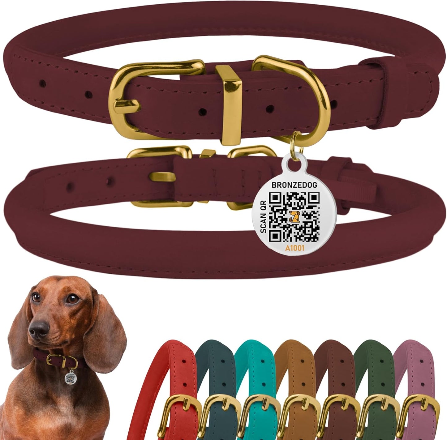 BronzeDog Rolled Leather Dog Collar with QR ID Tag, Adjustable Soft Round Collars for Small Medium Large Dogs Puppy (14" - 16" Neck Size, Burgundy)