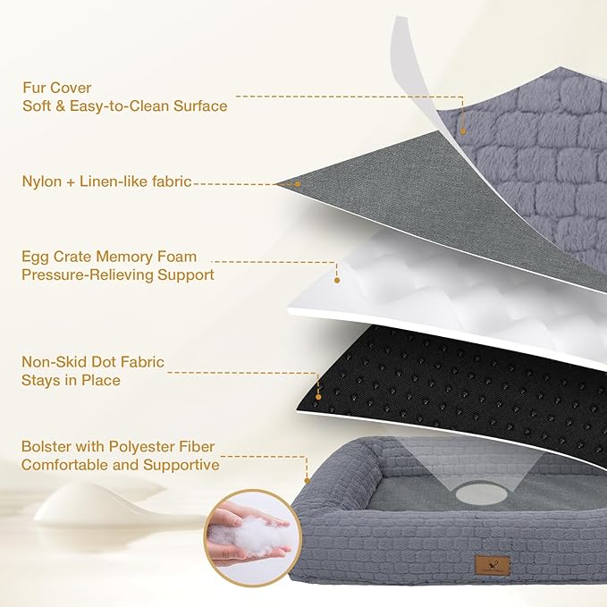 Plush Orthopedic Dog Bed for Medium Large Dogs, Memory Foam Bolster Sofa Bed with Removable Washable Cover, Waterproof Lining & Non-Slip Bottom (Grey-L)