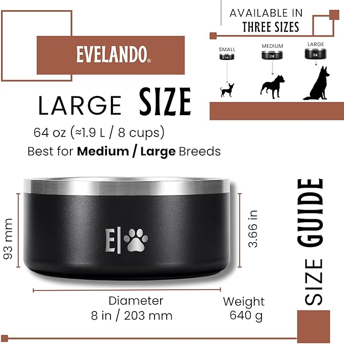 EVELANDO® 64 oz Stainless Steel Dog Bowl – 8-Cup Non-Slip, BPA-Free Feeder for Medium & Large Dogs – Indoor/Outdoor Water Dish for Pets – Easy-to-Clean Metal Feeding Solution