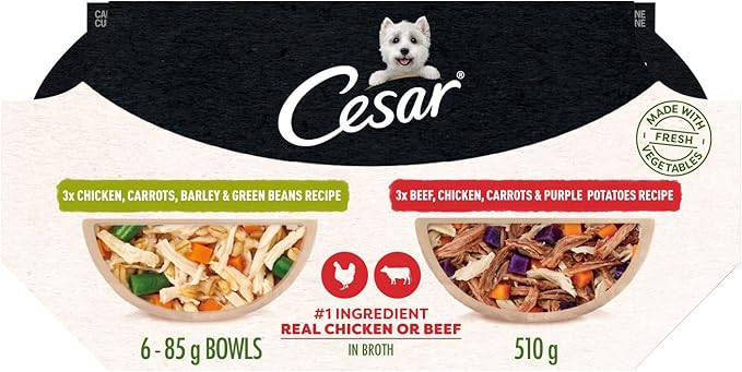 Cesar Wholesome Bowls Adult Wet Dog Food, Chicken, Carrots, Barley & Green Beans Recipe and Beef, Chicken, Purple Potatoes & Carrots Recipe Variety Pack, 3 oz. (6 Count, Pack of 1)