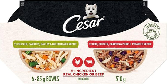 Cesar Wholesome Bowls Adult Wet Dog Food, Chicken, Carrots, Barley & Green Beans Recipe and Beef, Chicken, Purple Potatoes & Carrots Recipe Variety Pack, 3 oz. (6 Count, Pack of 1)