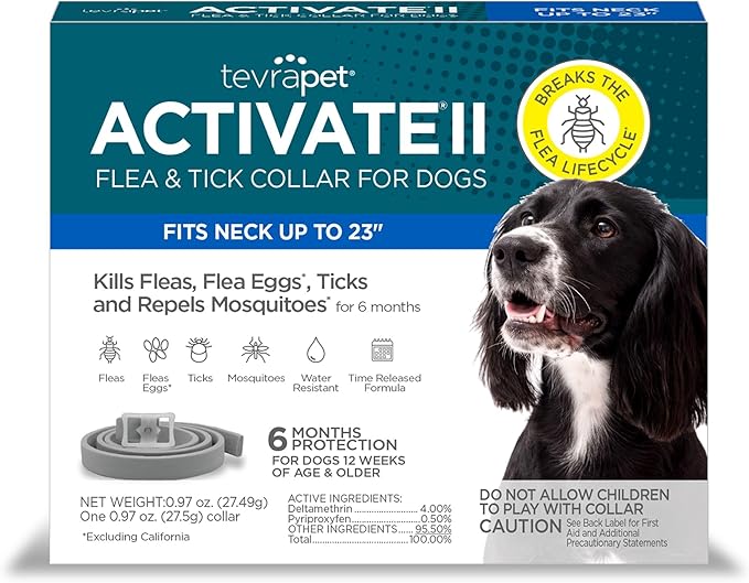 TevraPet Activate II Flea and Tick Collar for Dogs, 6 Months Prevention, 1 Count, One Size Fits All