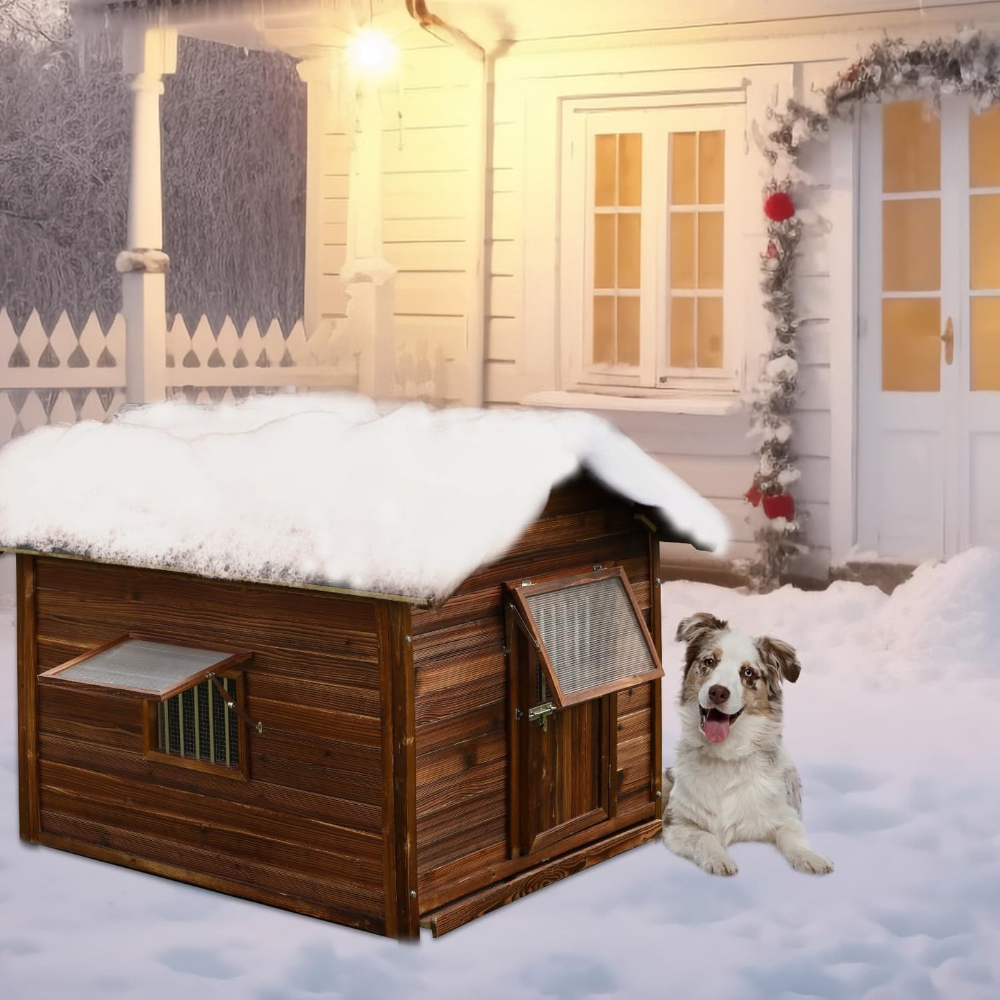 Extra Large Wooden Dog House Outdoor for Large Breed,Weatherproof Outside Doghouse Shelter with Door,Woof,Insulated Warm Goat House for Outside,Easy Clean and Assemble