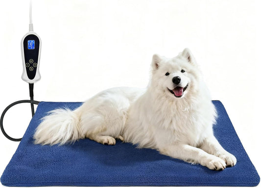 Bestio Heated Dog Bed 34x21in New Smart Thermostatic Switch with Constant-On Functionality UL & MET Dual Certified, Puppy Bed with Steel Cable Protection Tube - Blue