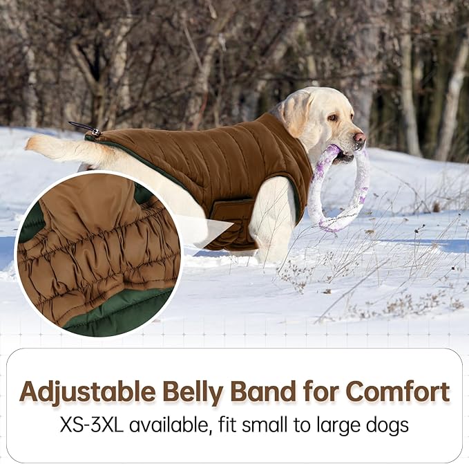 Lelepet Reversible Dog Coat Waterproof Dog Jacket Windproof Puffer Vest for Winter Warm Lightweight Coats for Medium Dogs Adjustbale Hook & Loop Pet Apparel with Leash Hole, French Bulldog, Brown L