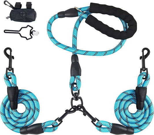 Double Dog Leash for Two Dogs, Heavy Duty Reflective Double Leashes for 2 Dogs, 360° Swivel Dual Dog Leash Tangle Free Large Dogs & Medium Dogs, with 2Pcs Dog Poop Bag Holder, Blue