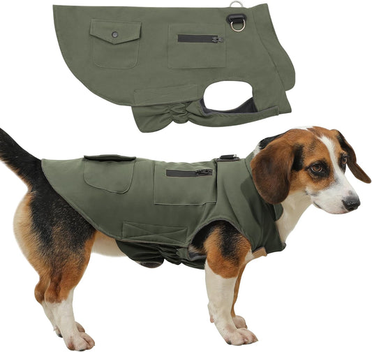 Workwear Style Dog Coats with Harness Built in for Small Dogs Windproof Warm Puppy Jacket with Storage Pockets for Cold Winter,Green M