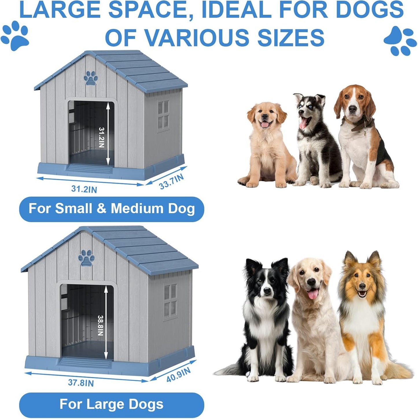 EasyUp Dog House Outdoor Indoor,Dog House Weatherproof Resin Shelter with Air Vents and Elevated Floor for Small Medium Large Dogs,Easy Clean and Assemble(37.8 * 40.87 * 38.82in,Blue)