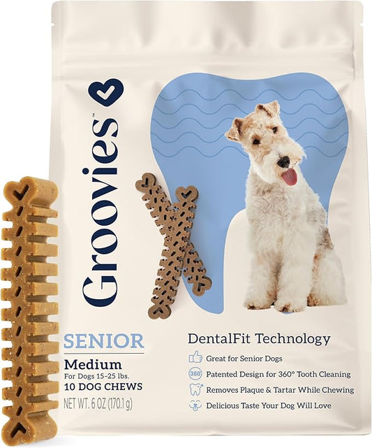 Groovies Slightly Softer, Yet Flexible Dental Chew for Senior Dogs & Delicate Chewers. Powered by USA-Patented DentalFit Tech. No Added Gluten, No Artificial Flavors or Colors. 6oz Medium (10Chews)