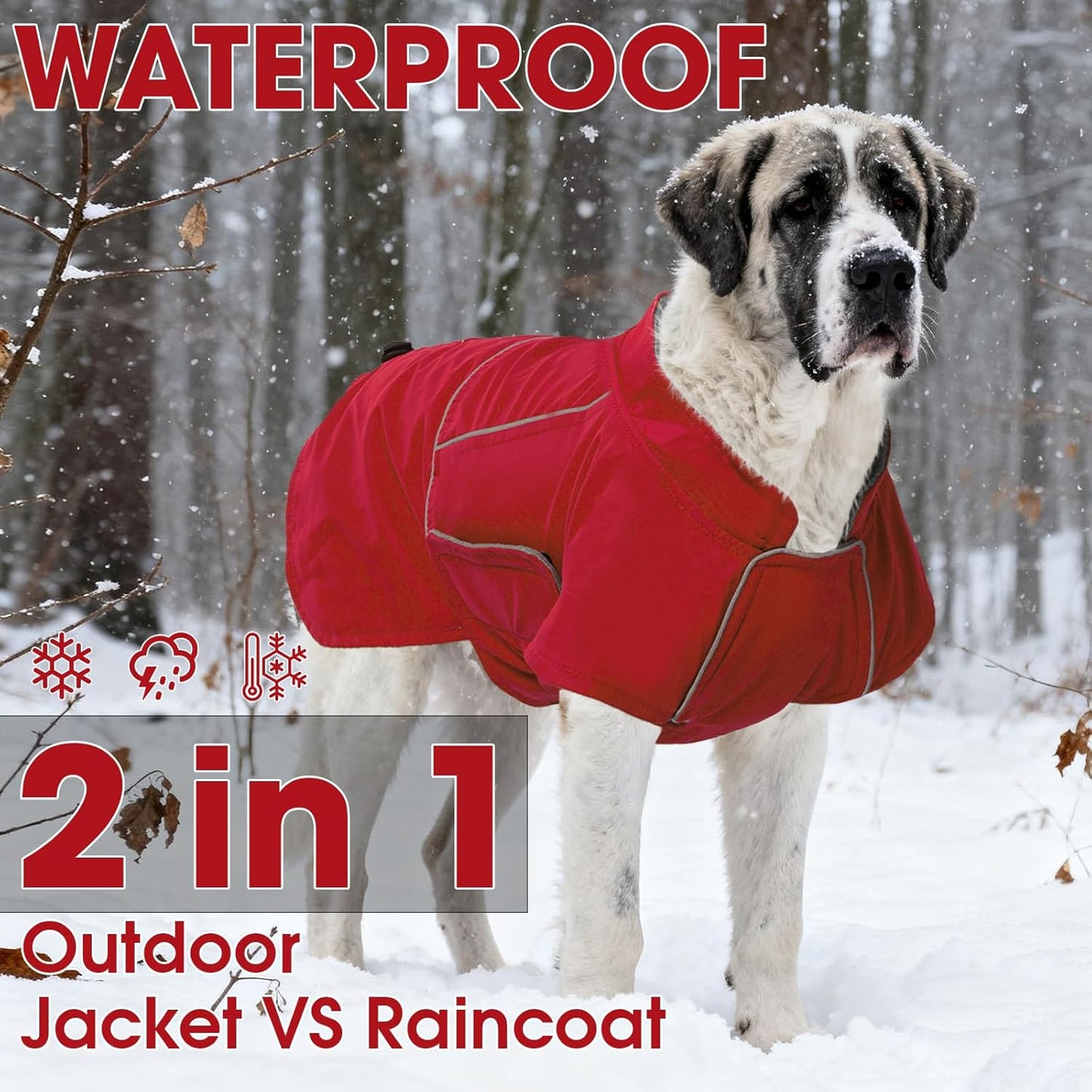 ROZKITCH Dog Rain Coat for Large Dogs, Waterproof Winter Jacket with Fleece Liner and Leash Hole Reflective Strip for Large Dog, Adjustable Hook & Loops Vest for Outdoor Hiking Travel Red 2XL