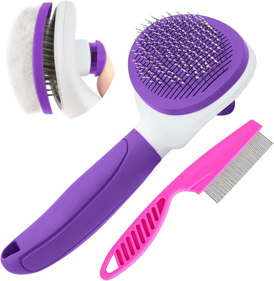 Cat Brushes for Indoor Cats, Dog Brush for Shedding with Metal Cat Comb, Self Cleaning Pet Hair Brush with Release Button for Grooming Kitten(Purple)