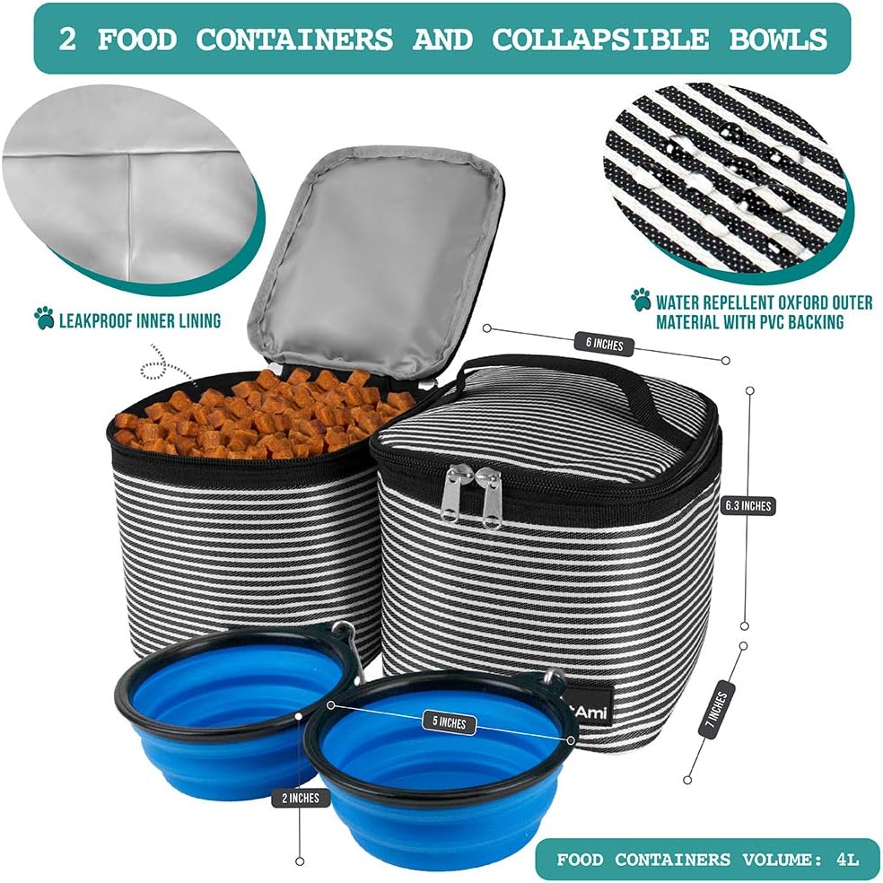 PetAmi Dog Travel Bag Backpack, Airline Approved Dog Bags for Traveling, Puppy Diaper Bag Supplies, Pet Camping Essentials Hiking Accessories Gift, Food Container, Collapsible Bowls, Stripe Black