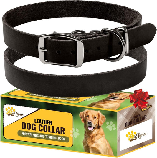 ADITYNA - Leather Dog Collar for Medium Dogs - Classic Style, Soft and Strong, Heavy Duty, Top-Grain Leather, Handmade - for Walking, Training, Hunting, and Running (M - Neck: 15-20 inches, Black)