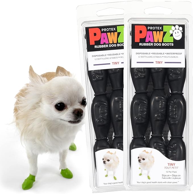 PawZ Rubber Dog Boots for Tiny Paws - All-Weather Waterproof Dog Shoes, Anti-Slip Traction for Rain, Snow, Mud & Hot Pavement - Pull-On Dog Booties, Black - Tiny (0.5" - 1") - Pack of 24