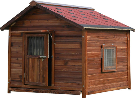 Durable Weatherproof Pine Wood Dog House Outdoor for Small to Large Sized Dogs,Luxury Outdoor Dog Kennel Shelter with Elevated Floor,Lockable Door,Adjust Windows,Easy to Clean,Easy to Assemble