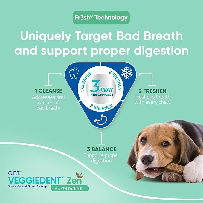 Virbac C.E.T.® VEGGIEDENT® Zen Tartar Control Chews for Dogs - Multifunctional to Support Mental Well-Being, VOHC Approved - Extra Small Under 11lbs
