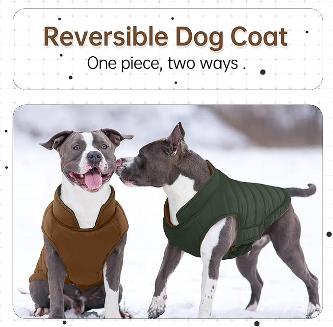 Lelepet Reversible Dog Coat Waterproof Dog Jacket Windproof Puffer Vest for Winter Warm Lightweight Coats for Medium Dogs Adjustbale Hook & Loop Pet Apparel with Leash Hole, French Bulldog, Brown L