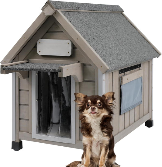 Wooden Outdoor Dog House for Small Dogs, Weatherproof Pet Shelter with Reinforced Frame, Ventilated Window, PVC Door Flap, and Nameplate,18" L x 25" W x 24" H
