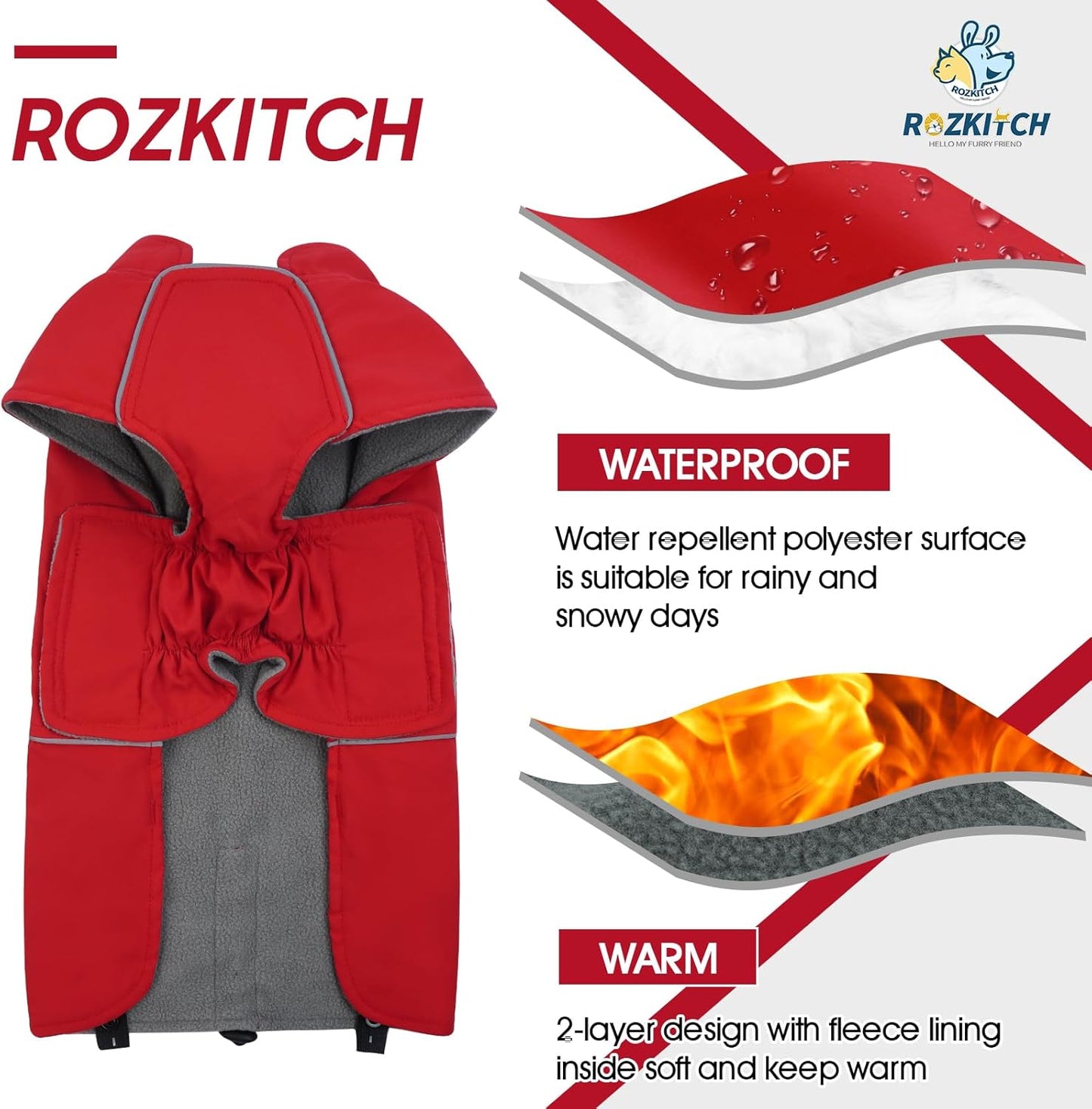 ROZKITCH Dog Rain Coat for Large Dogs, Waterproof Winter Jacket with Fleece Liner and Leash Hole Reflective Strip for Large Dog, Adjustable Hook & Loops Vest for Outdoor Hiking Travel Red 2XL