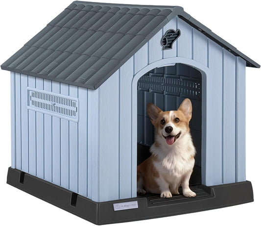 PUKAMI Large Dog House Outdoor Indoor, Plastic Dog House Weatherproof for Large Dogs, Study Puppy Shelter with Air Vents and Elevated Floor, Easy Clean and Assemble (Grey, 31.5"D x 33.5"W x 33.9"H)