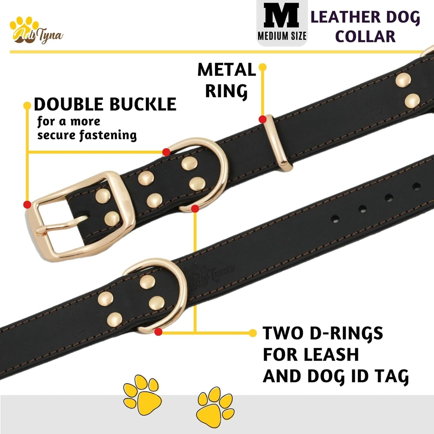 ADITYNA Heavy Duty Leather Dog Collar for Medium Dogs - Soft and Strong Leather Collar for Walking, and Training (Black - Gold Colored Buckle, Medium: Fit 13" - 20" Neck)
