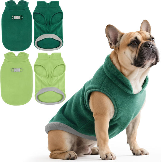 Idepet 2 Pack Dog Fleece Vest Sweater Warm Pullover Jacket with D-Ring Leash Reflective Winter Coat Hoodie for Bulldog Pug Chihuahuas Yorkies Dachshunds(Dark Green&Grass Green,X-Large-French Bulldog)