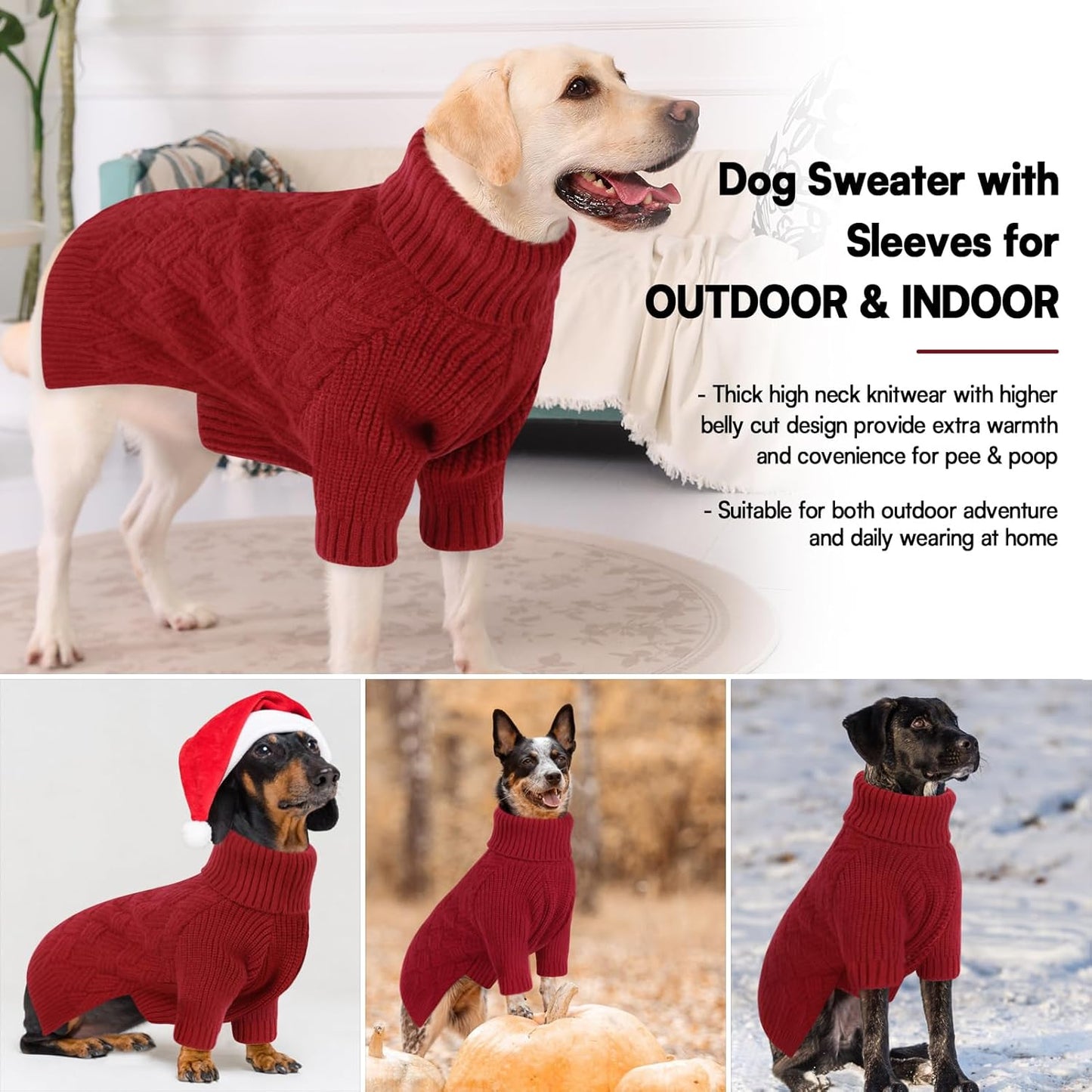 KOESON Large Dog Sweater, Warm Christmas Dog Sweaters for Large Dogs, Cable Knit Sweater for French Bulldog, Pug, Corgi, Boston Terrier, Easy On Xmas Sweaters for Dogs, Red, L