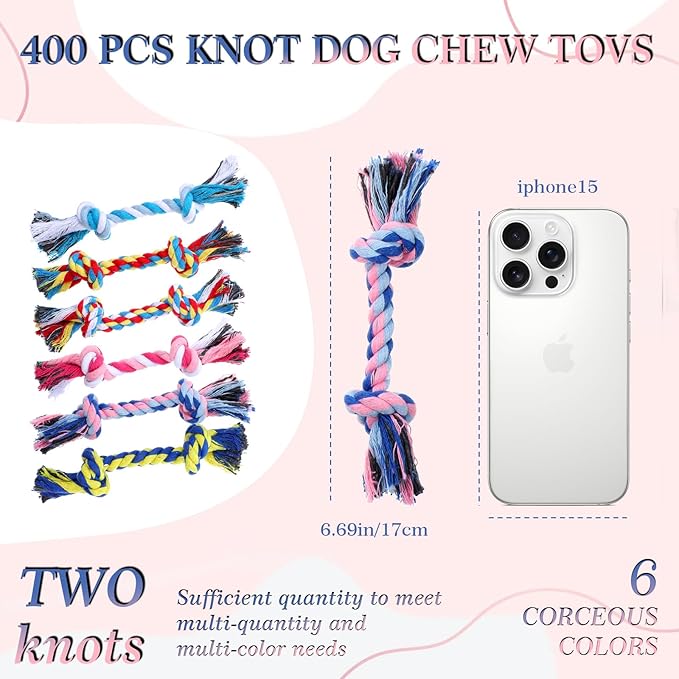 100 Pieces 6.7 Inch Knot Rope Dog Toys Multi Color Puppy Chew Toy Cotton Puppy Toy Dental Dog Teething Toys 2 Knot Dogs Tug for Small and Medium Dogs Aggressive Chewers Supplies